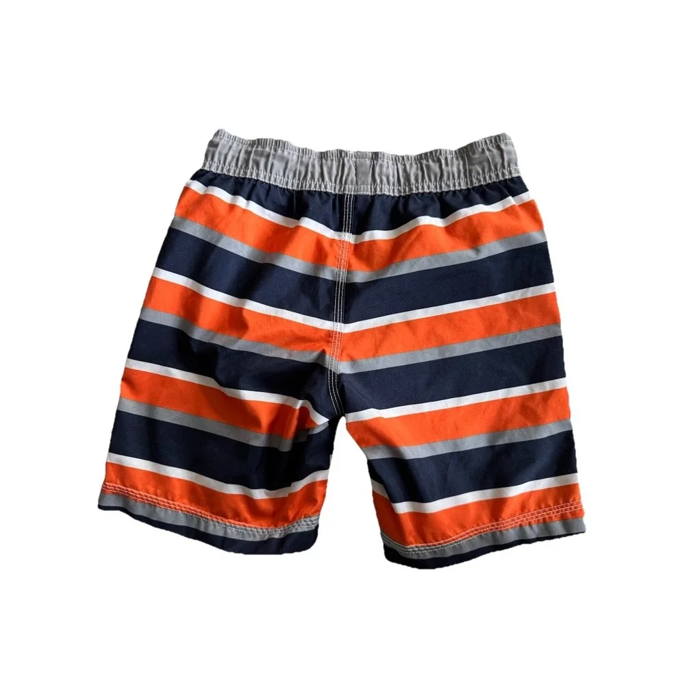 Gymboree Boys Swim Trunks Size S 5-6 Orange Navy Gray Striped Board Shorts